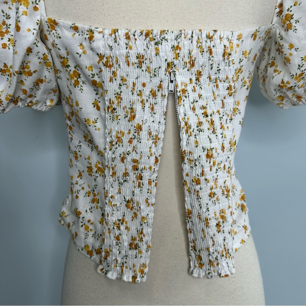 Reformation Andra White Yellow Floral Puff Sleeves Smocked Top Size 6 - Picture 9 of 13